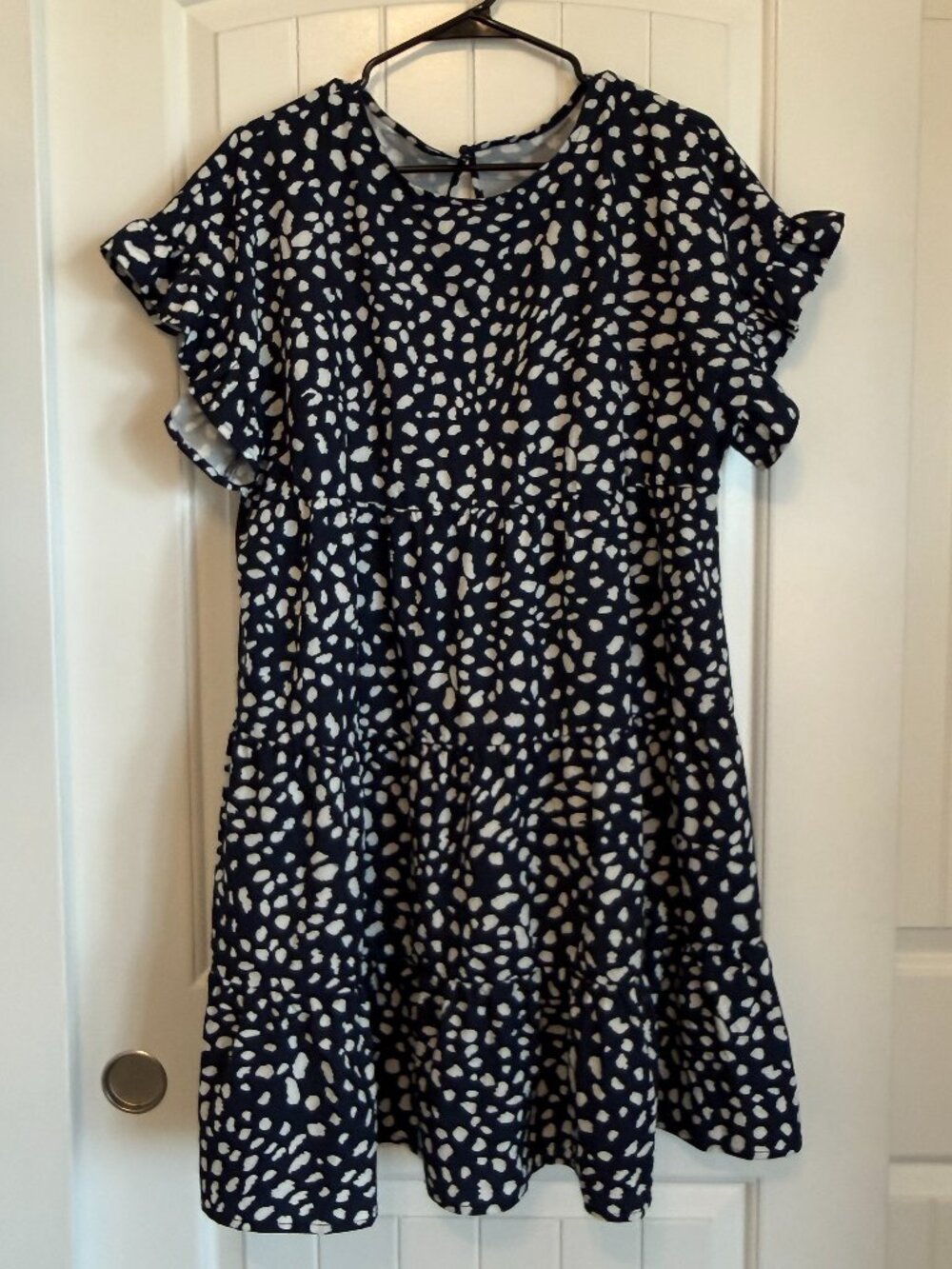Navy tiered mini dress with a white dalmatian dot print - Picture 1 of 6